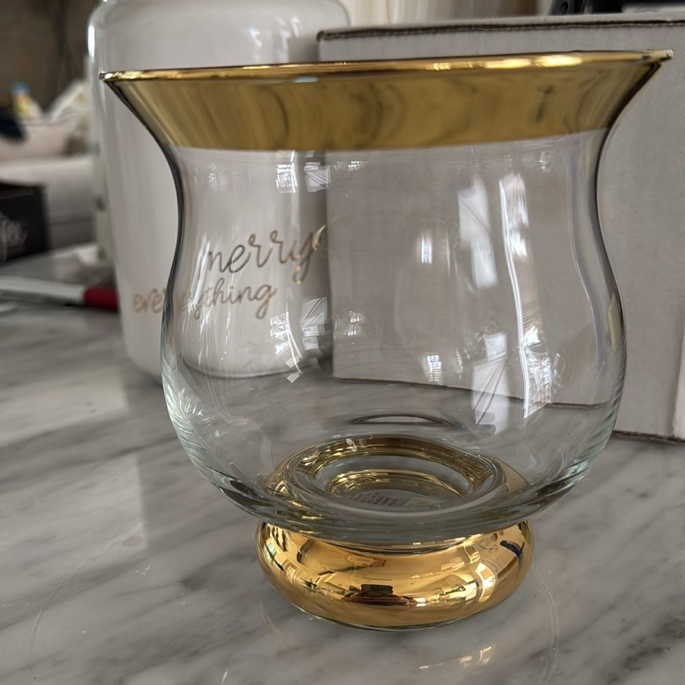 Crate&Barrel Gold Rimmed Glass Vase Minuet Hur Gold